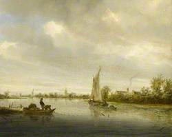 River Landscape with Sailing Boats Passing Cottages