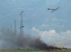 Spitfire over Chain Home Radar Masts and Crashed German Aircraft