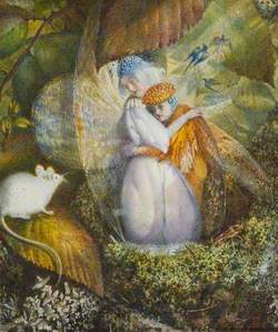Fairy Lovers in a Bird's Nest Watching a White Mouse