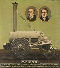 Locomotive 'The Rocket' with Inset Portraits of George Stephenson and W. Huskinson