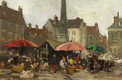 A Market Square with Figures and Parasols beside Market Stalls