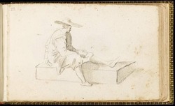 Man seated on a block, in profile to right, his left leg extended