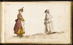 Two women, one in profile to right, the other in profile to left