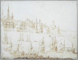 A harbour scene with Spanish warships entering a harbour