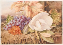 Straw mat covered with fruit and flowers