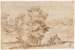 A river landscape with card players