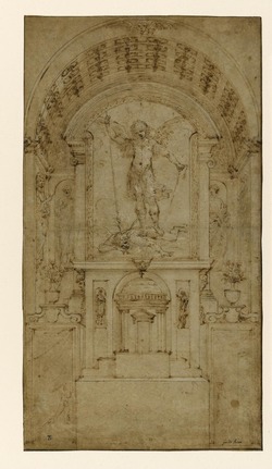 St. Michael defeating the devil in an elaborate (elbarote sic.) frame in front of an attic