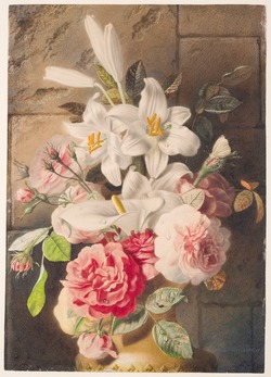 An arrangement of lilies, peonies and roses