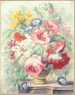 Centifolia roses, Madonna lily (Lilium candidum) Opium poppy (Papaver somniferum) Convolvulus minor. calendula (marigold) Double stock (matthiola) moss rose bud (a sort of rosa centifolia)