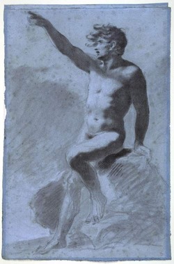 A seated male nude with arm outstretched