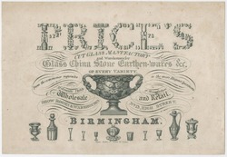 Trade card for Benjamin Price, Cut glass, China and Earthenware, Birmingham
