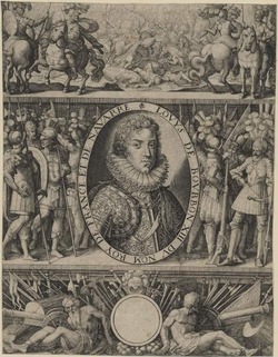 Louis XIII, King of France, in an oval frame surrounded by a battle scene, warriors and chained prisoners