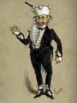 A Theatrical Figure in a Tuxedo Supporting a Pestle and Mortar as a Hat and Holding a Large Pill