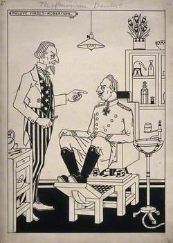 A Dentist (Uncle Sam) about to Extract a Tooth from a Patient (Kaiser Wilhem II), Representing America's Successful Involvement in the First World War