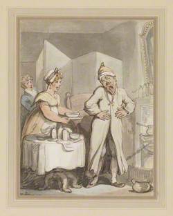 A Man in Pain Receiving Medicines from a Housemaid