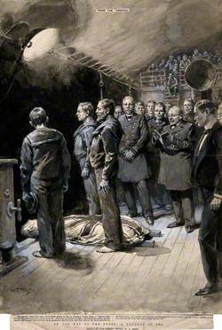 Boer War: A Funeral on Board a Ship at Night with Officers and Crew Standing Round the Body