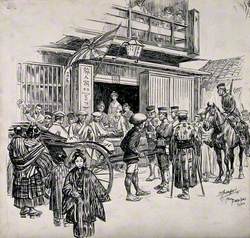 Russo-Japanese War: A Street Scene in Tokyo with Wounded Japanese Sitting in a Cart