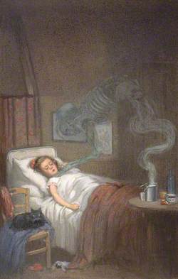 A Ghostly Skeleton Trying to Strangle a Sick Child; Representing Diphtheria