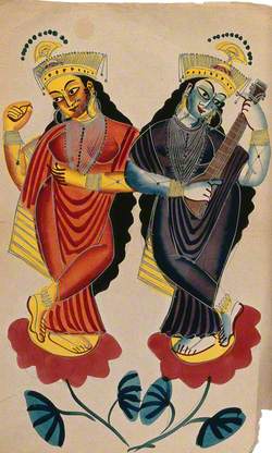 Hindu Goddesses Lakshmi and Saraswati Playing Castanets and a Tambura
