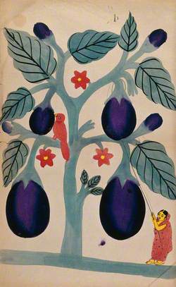 A Woman Pulling Giant Aubergines from a Tree