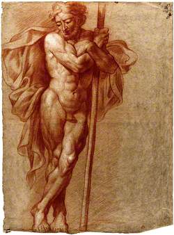 A Standing Male Nude with Cloak and Arms Folded around a Staff
