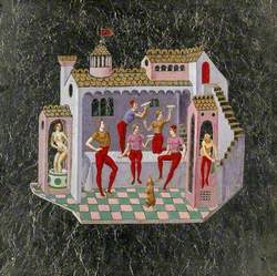 A House with a Turret: To the Left a Woman Is Bathing, to the Right Another Woman Is Wringing Out Clothes, and in the Centre Five Men Are Juggling Plates, All in a Medieval Style