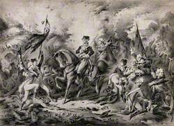 A Man on a Horse Carrying a Cutlass (George Washington?) Is Surrounded by Other Men, Some Carrying Standards