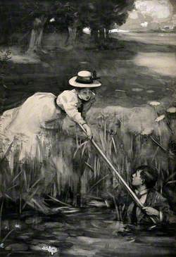 A Young Woman Holds Out a Pole to the Man Standing in the River near the Reeds