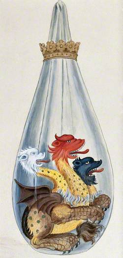 A Three-Headed Monster in an Alchemical Flask, Representing the Composition of the Alchemical Philosopher's Stone: Salt, Sulphur, and Mercury