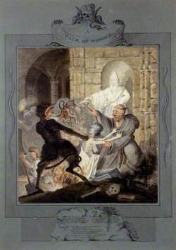 A Monk and a Statue of Saint Patrick Trying to Prevent the Devil from Snatching the Corpse of a Witch from Its Grave