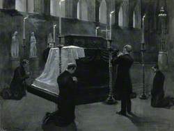 The Coffin of W. E. Gladstone Lying in State in Westminster Hall, Attended by Five Men Praying
