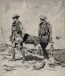 First World War: Two Men Carrying a Stretcher among the Trenches in France