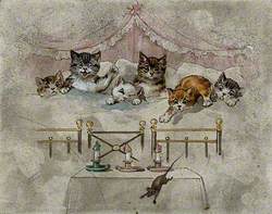 Six Kittens in a Canopied Bed Woken by a Mouse; Three Candles in the Foreground
