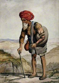 An Old Man of Simla, Holding a Stick, Standing with a Sack on His Shoulder