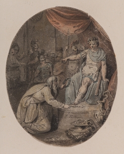 Kneeling Man Offering a Wreath to Emperor on Throne