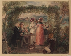 An Elegant Garden Party Watching a Hunt in the Background