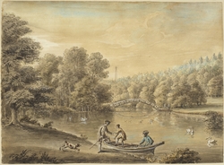 Figures Disembarking from a Boat in Stourhead with the Chinese Bridge and Obelisk in the Background