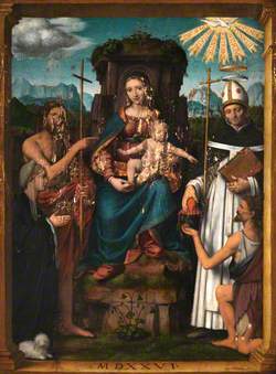 Virgin and Child Enthroned with Saint John the Baptist, Saint Antoninus, a Female Donor and a Beggar