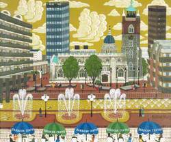 View over the Lakeside Terrace, Barbican Centre, towards St Giles without Cripplegate, London