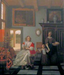 Interior with a Woman Knitting, a Serving Woman and a Child