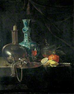 Still Life with a Pilgrim Flask, Candlestick, Porcelain Vase and Fruit