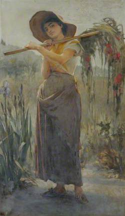 Young Peasant Woman with a Rake, Standing among Flowers