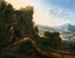Mountain Landscape with Figures Approaching a Landing Stage with Boats