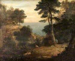 Drovers with Sheep on a Wooded Clifftop Path
