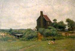 Cottage with Children Picking Flowers
