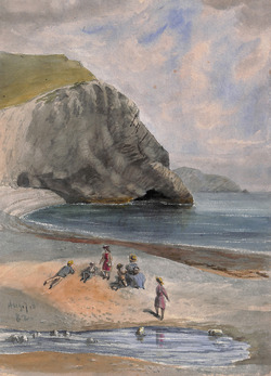 Arish Mell, the cliff and children picnicing on the beach