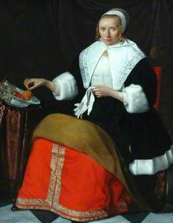 Portrait of a Lady in a Fur-Trimmed Dress Holding a Pair of White Gloves