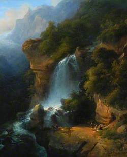 A Waterfall among Mountains with Figures