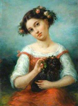 Girl Crowned with Roses, Holding a Dog
