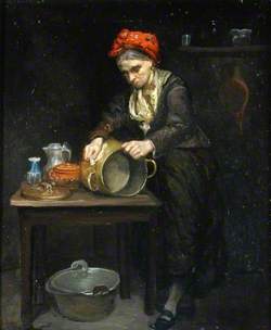 A Woman Polishing Kitchen Utensils